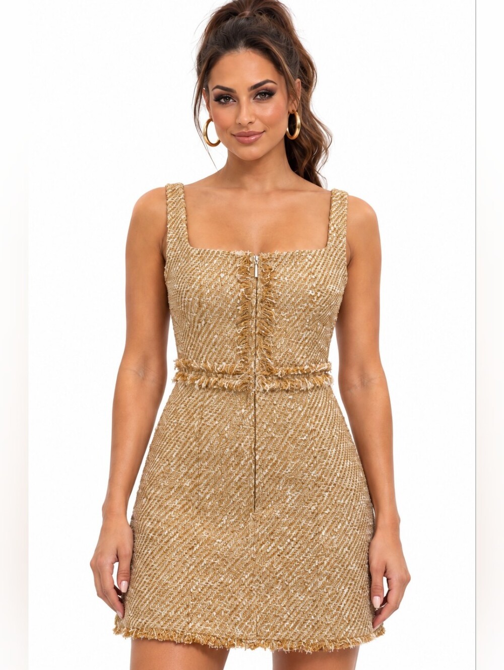 ME+EM Metallic Gold Tweed Mini Dress Size 8 Square Neck Sleeveless NWT $545